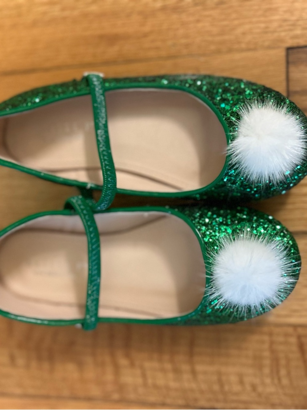Kailee P brand Rock Glitter Mary Jane Ballet Flats with White Faux Fur Puff - Picture 7 of 9